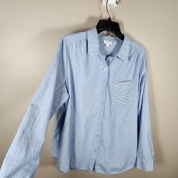 J Jill Top Womens L Blue Long Sleeve Button Up Cotton Polka Dot Embroidered - Picture 4 of 11